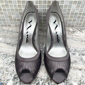 Nina Satin Grey Peep Toe Shoe 7.5